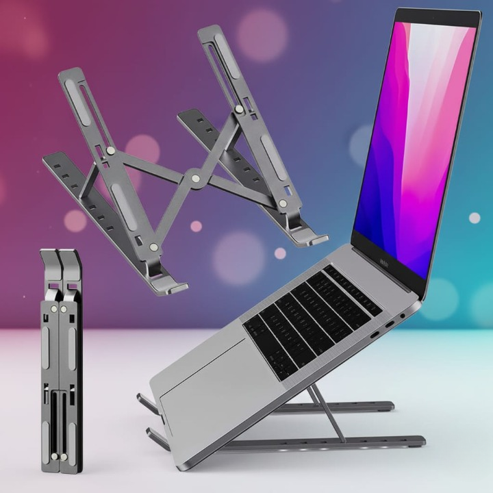Folding Adjustable Aluminum Laptop Stand - Portable Ergonomic Multi Angle Desk Riser Lightweight Heat Dissipation Notebook Holder Mount